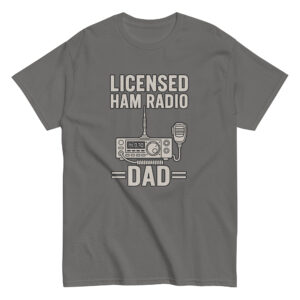 Gray shirt with licensed ham radio dad design.