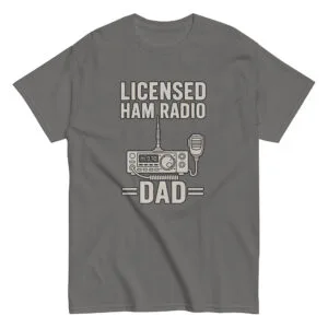 Gray shirt with licensed ham radio dad design.