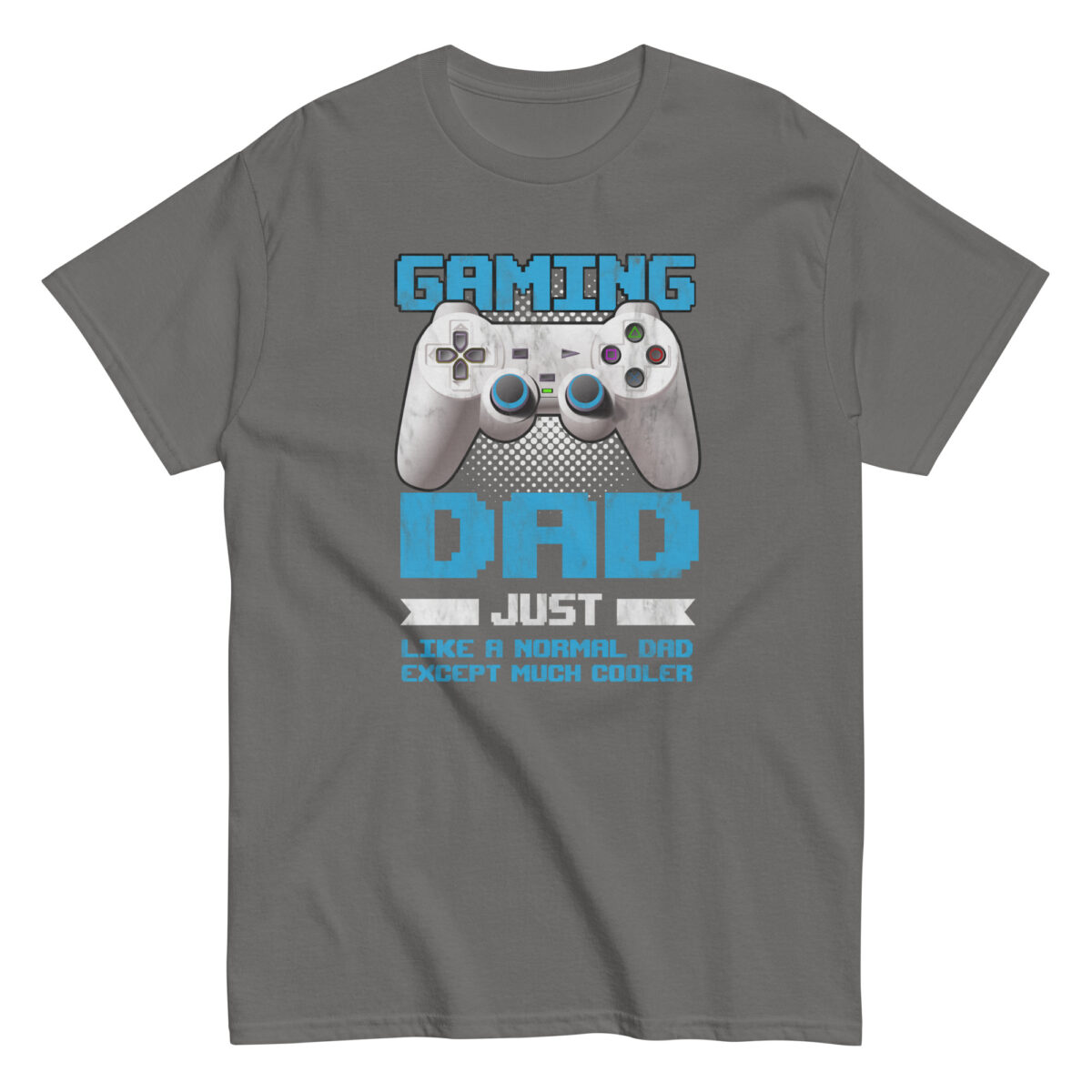 Gray T-shirt featuring gaming dad slogan and controller.