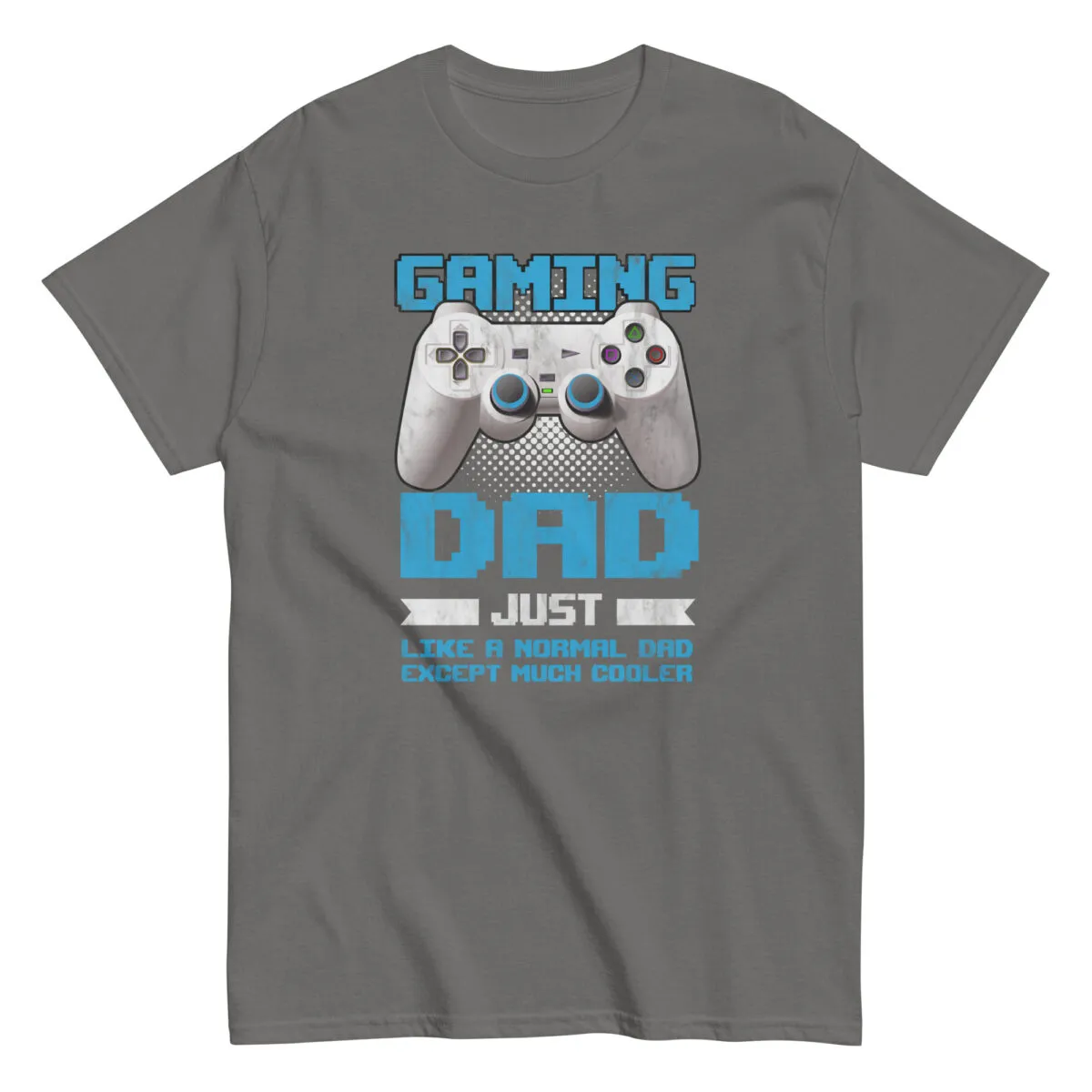 Gray T-shirt featuring gaming dad slogan and controller.