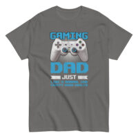 Gray T-shirt featuring gaming dad slogan and controller.
