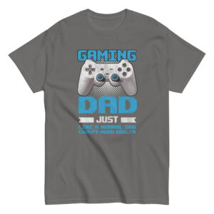 Gray T-shirt featuring gaming dad slogan and controller.