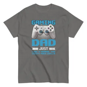 Gray T-shirt featuring gaming dad slogan and controller.