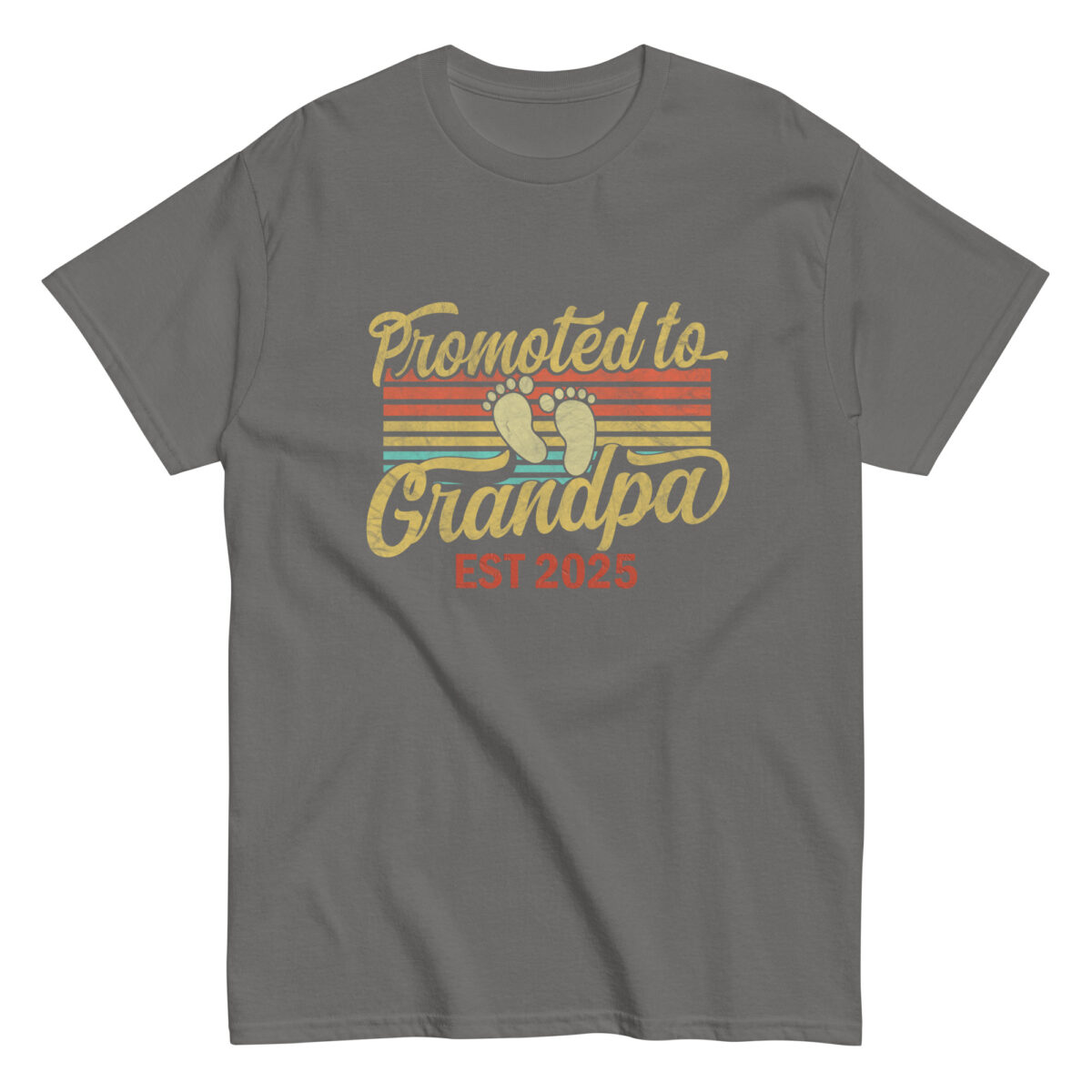 Gray shirt, 'Promoted to Grandpa, EST 2025' design.