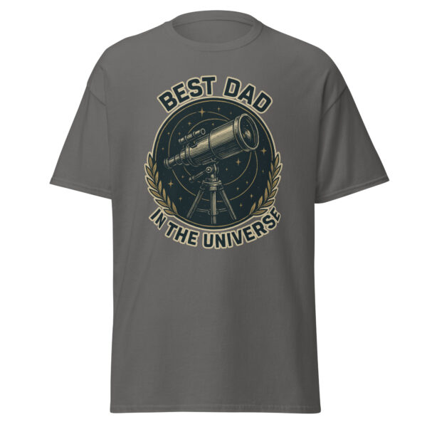 Gray t-shirt with telescope and 'Best Dad' message.
