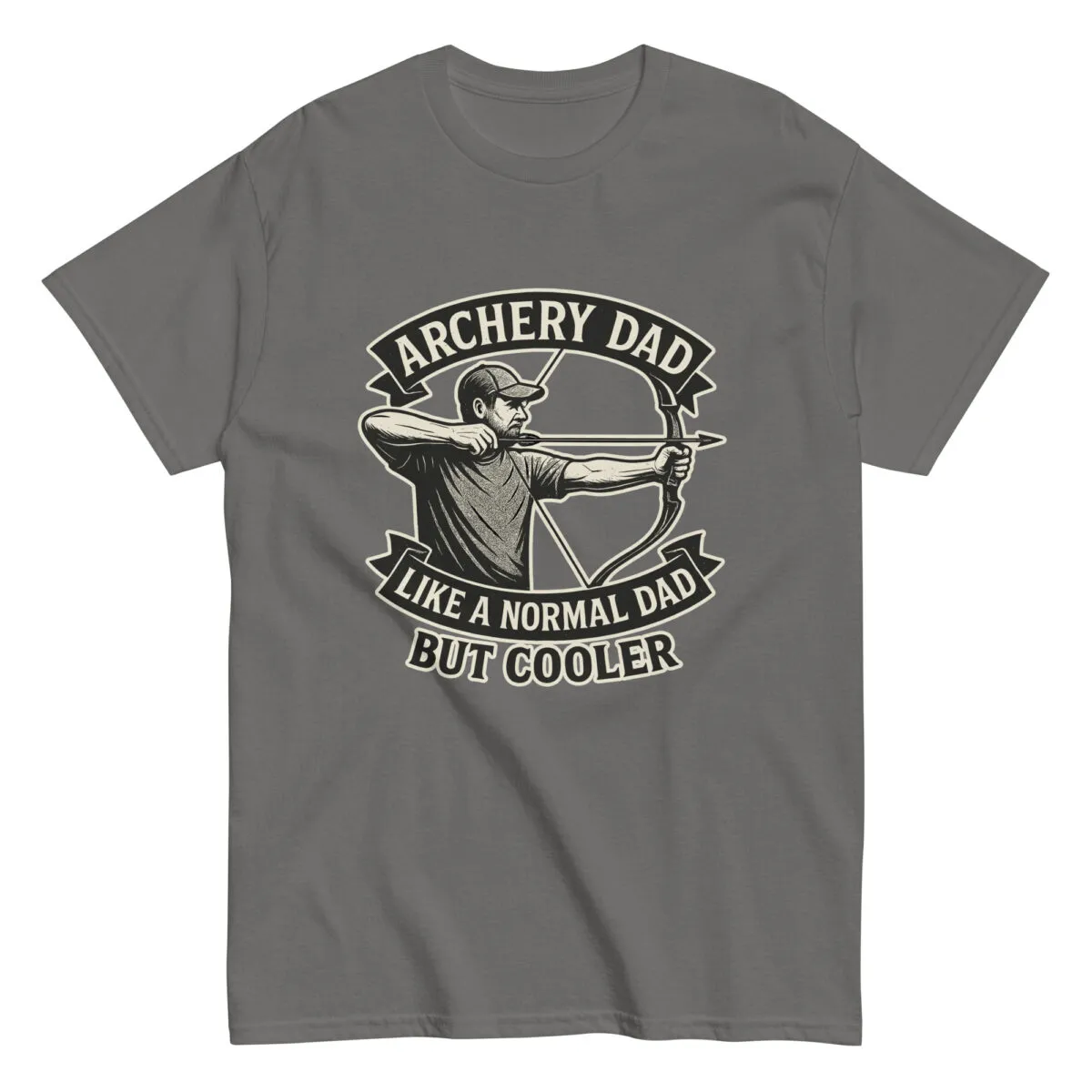 Gray t-shirt: Archery dad design, cooler slogan.