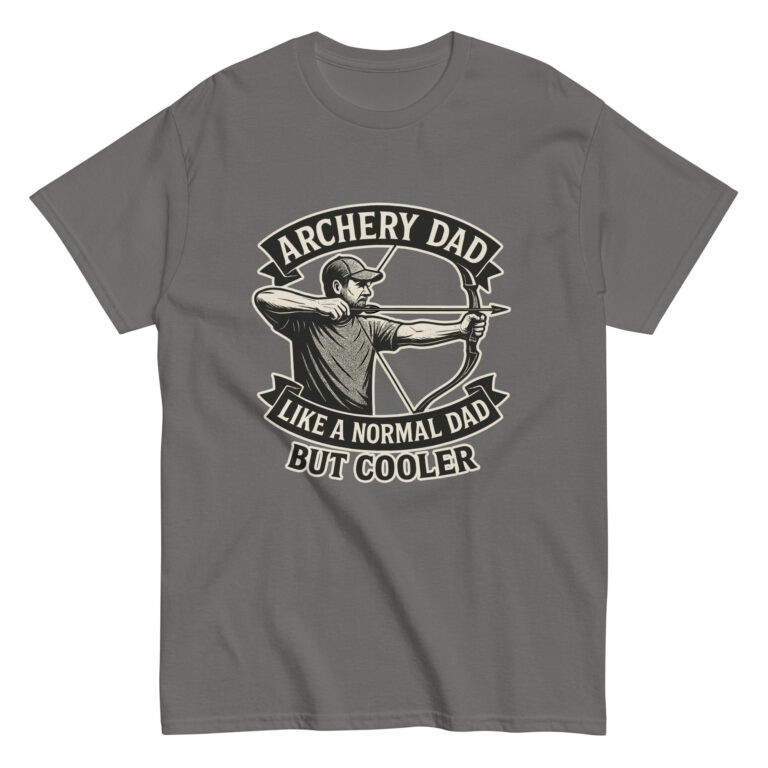 Gray t-shirt: Archery dad design, cooler slogan.