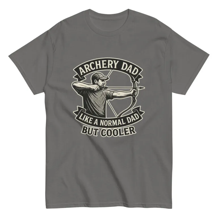 Gray t-shirt: Archery dad design, cooler slogan.