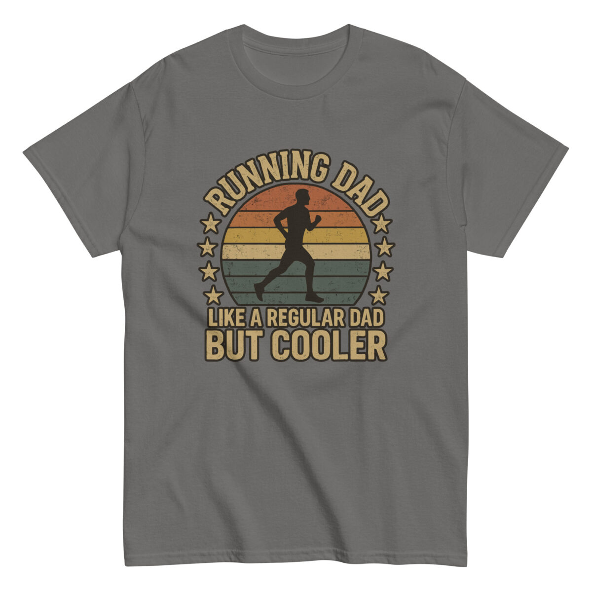 Gray shirt 'Running Dad' design with sunset silhouette.