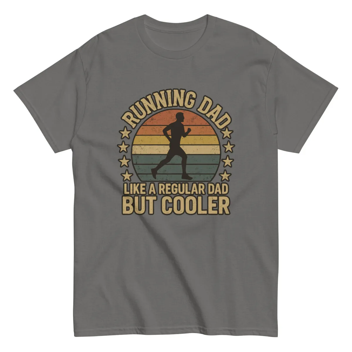 Gray shirt 'Running Dad' design with sunset silhouette.