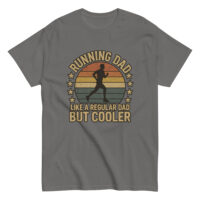 Gray shirt 'Running Dad' design with sunset silhouette.