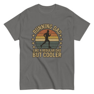 Gray shirt 'Running Dad' design with sunset silhouette.