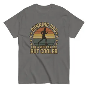 Gray shirt 'Running Dad' design with sunset silhouette.