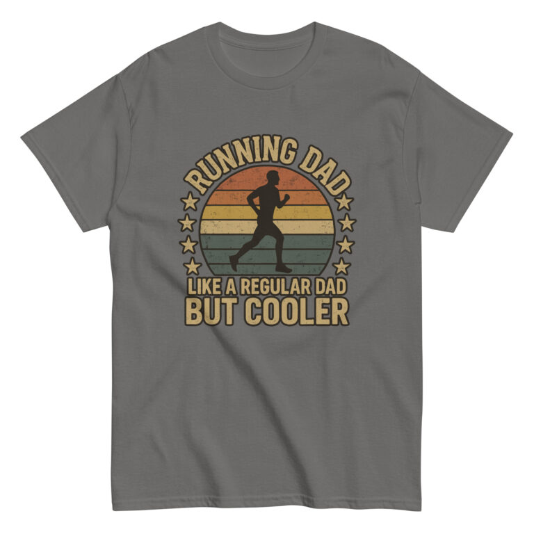 Gray shirt 'Running Dad' design with sunset silhouette.