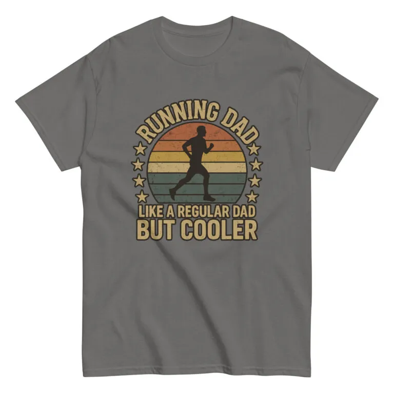 Gray shirt 'Running Dad' design with sunset silhouette.