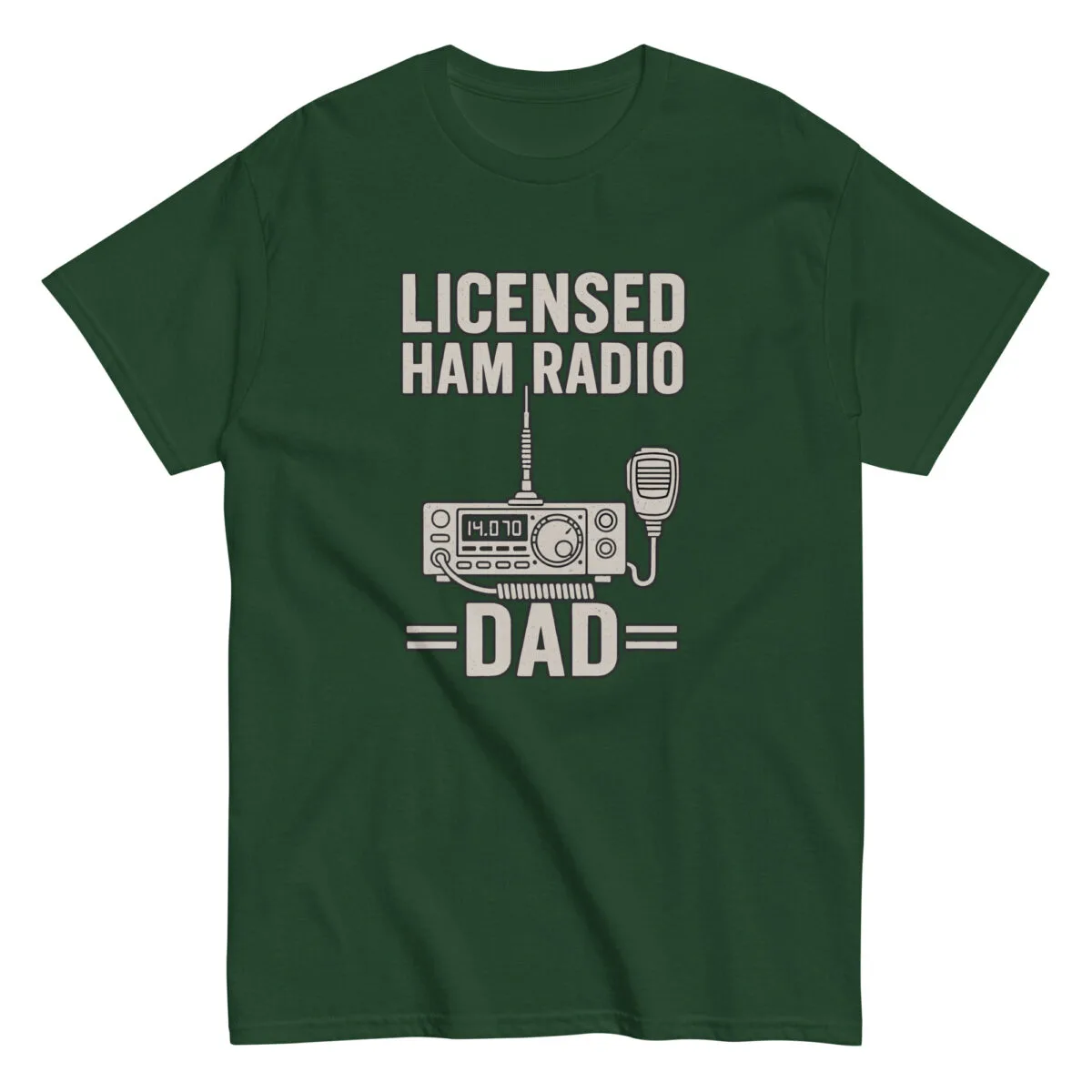Green T-shirt with licensed ham radio dad design.