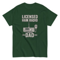 Green T-shirt with licensed ham radio dad design.