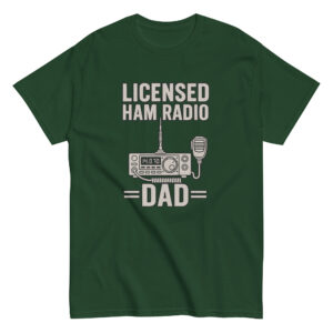 Green T-shirt with licensed ham radio dad design.