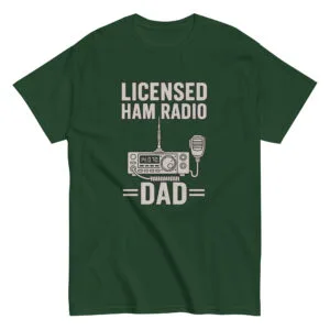 Green T-shirt with licensed ham radio dad design.