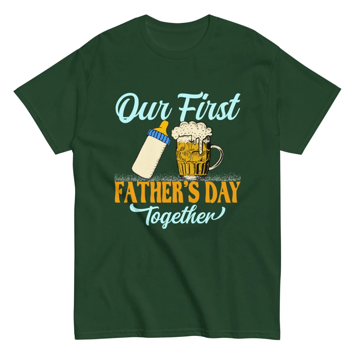 Green Father's Day shirt with bottle and beer mug.
