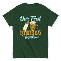 Green Father's Day shirt with bottle and beer mug.