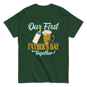 Green Father's Day shirt with bottle and beer mug.