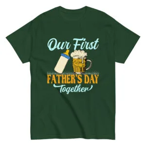 Green Father's Day shirt with bottle and beer mug.