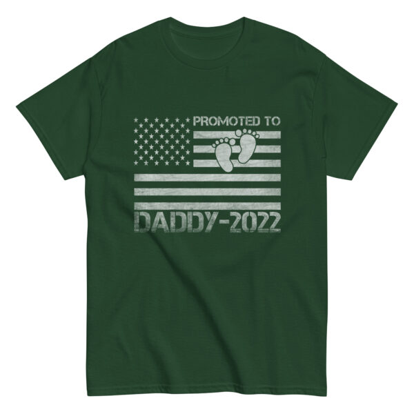 Green T-shirt with 'Promoted to Daddy 2022' print.
