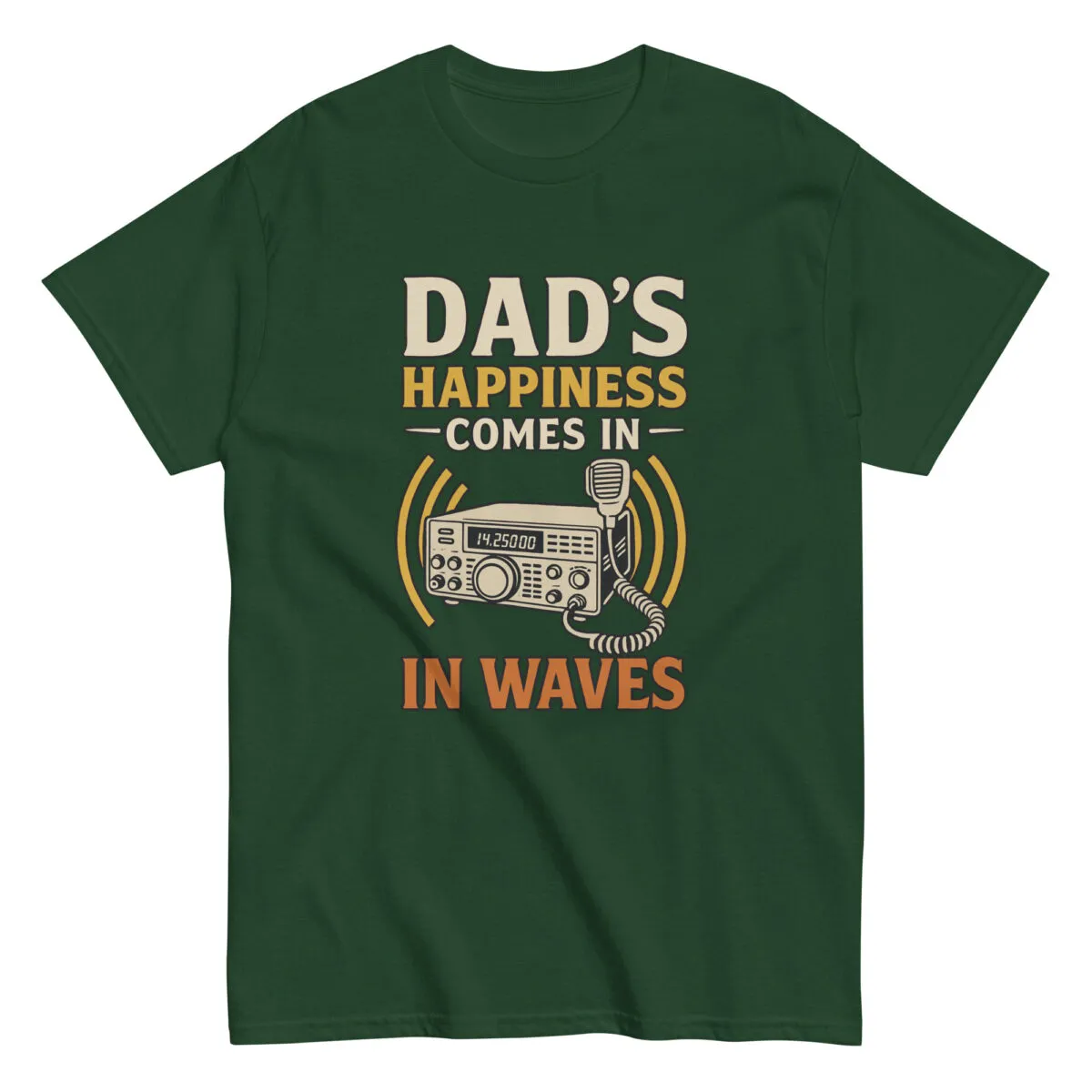 Green t-shirt with radio design and humorous text.