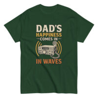 Green t-shirt with radio design and humorous text.