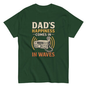 Green t-shirt with radio design and humorous text.