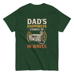 Green t-shirt with radio design and humorous text.
