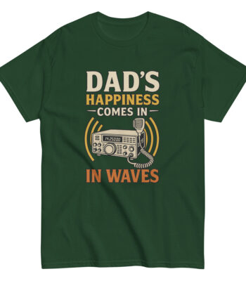 Green t-shirt with radio design and humorous text.