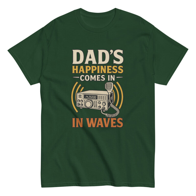 Green t-shirt with radio design and humorous text.
