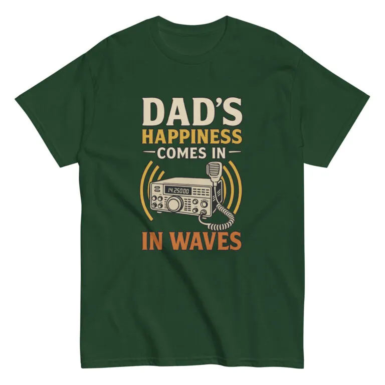 Green t-shirt with radio design and humorous text.