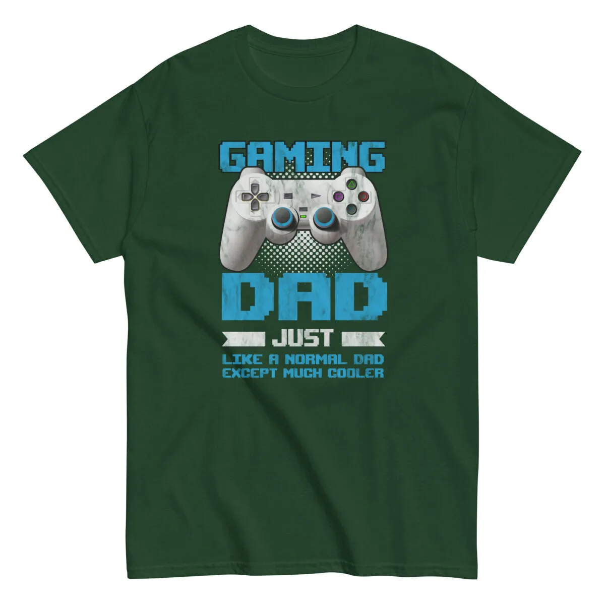 Green shirt with gaming dad text and controller.