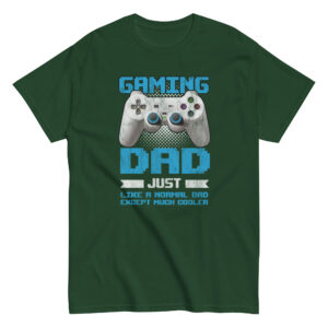 Green shirt with gaming dad text and controller.