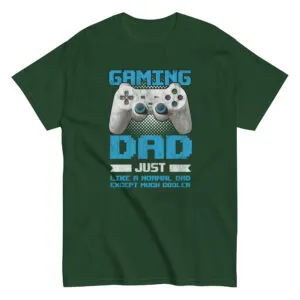 Green shirt with gaming dad text and controller.