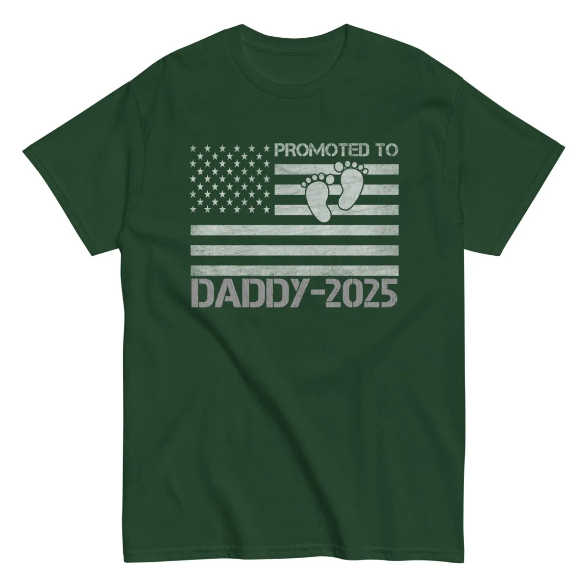 Green t-shirt with 'Promoted to Daddy 2025' design.