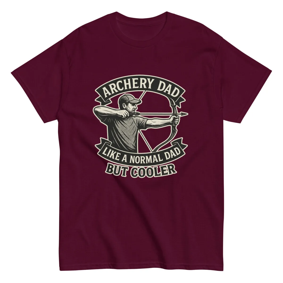 Maroon t-shirt with archery dad design.