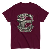 Maroon t-shirt with archery dad design.