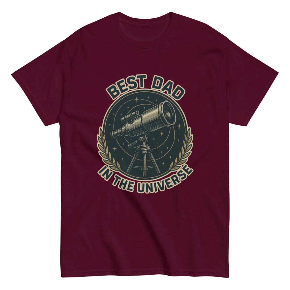 Maroon T-shirt with telescope and 'Best Dad' text