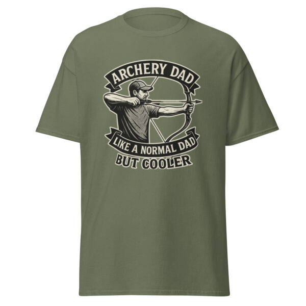 Green shirt with archery dad slogan and graphic.
