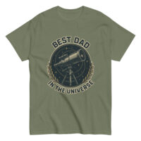 Olive t-shirt with telescope graphic and dad slogan.
