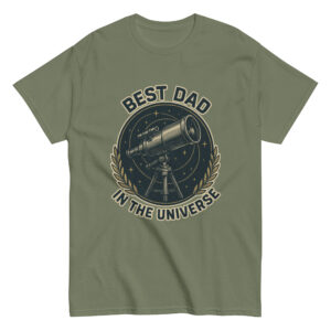 Olive t-shirt with telescope graphic and dad slogan.