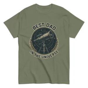 Olive t-shirt with telescope graphic and dad slogan.