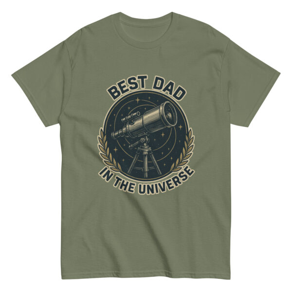 Olive t-shirt with telescope graphic and dad slogan.
