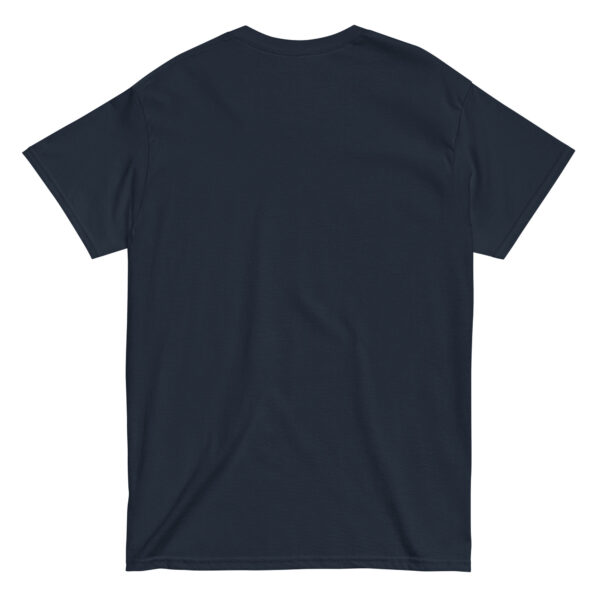 Navy blue T-shirt, back view, plain design.