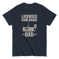 Navy t-shirt with 'Licensed Ham Radio Dad' design.