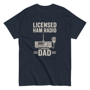 Navy t-shirt with 'Licensed Ham Radio Dad' design.